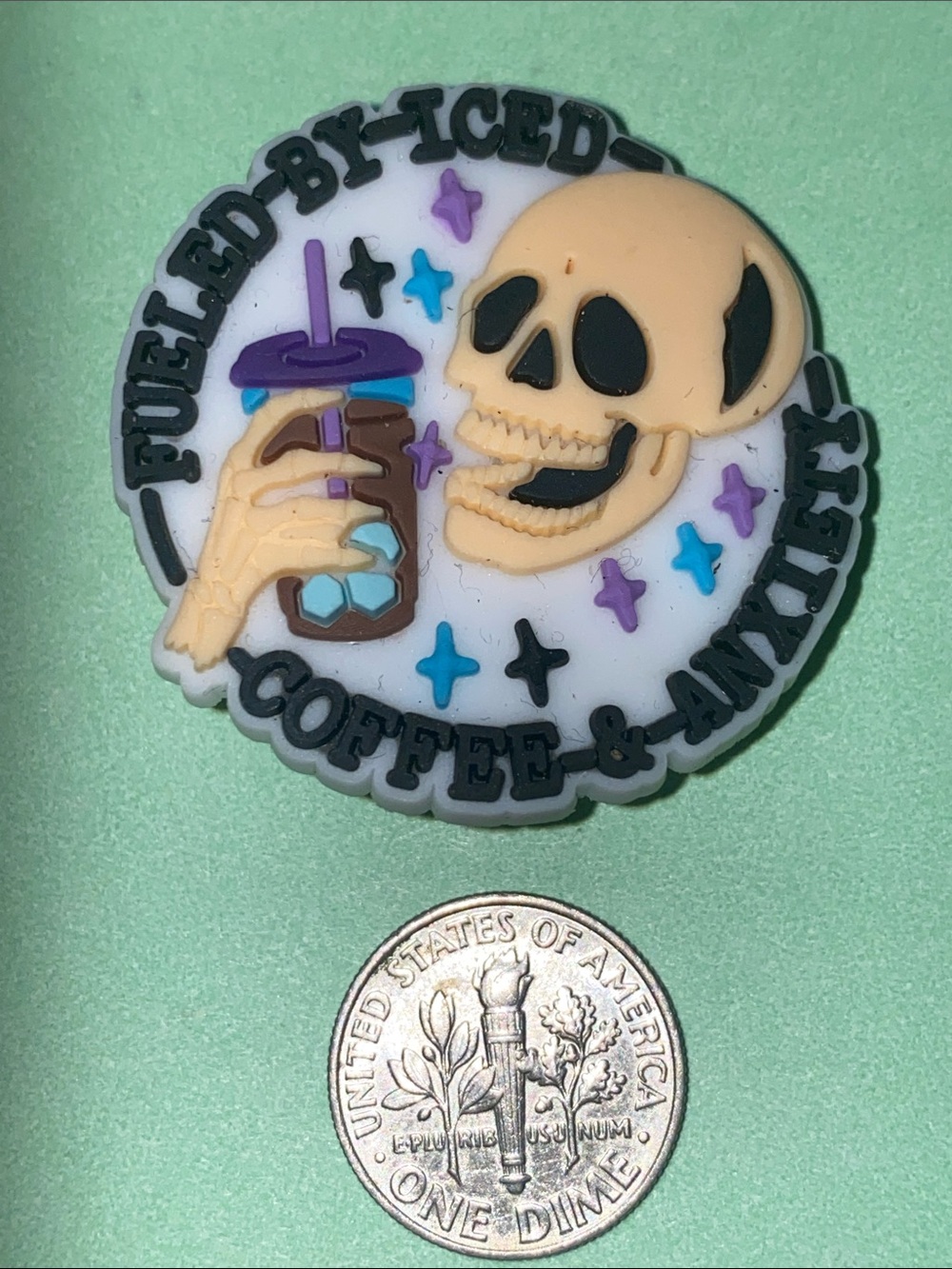 (10 for $15) "FUELED BY ICED COFFEE & ANXIETY" Statement. Crocs Shoes Charms